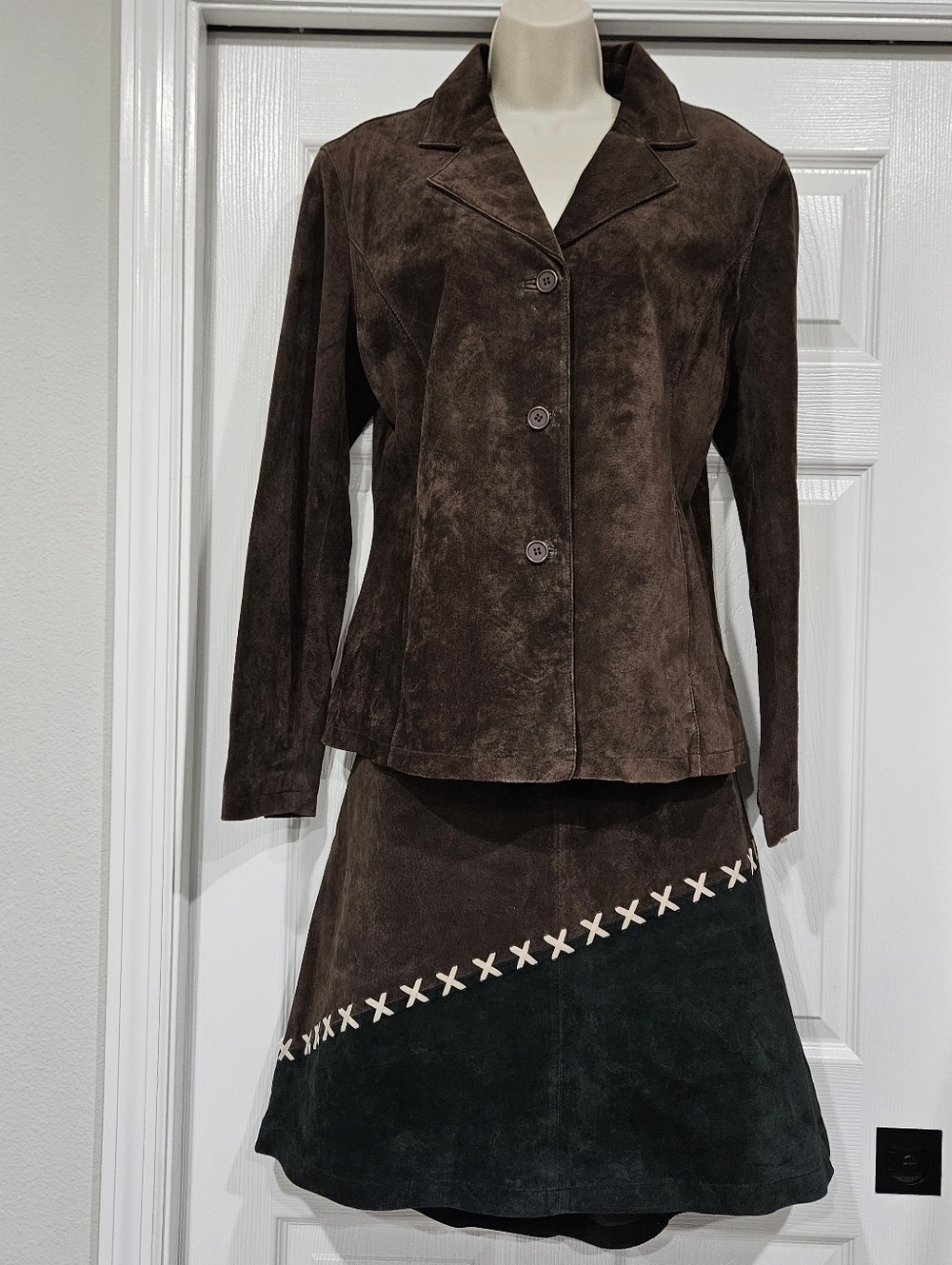 Sorbet Dark Brown Suede Button Jacket & Skirt Set